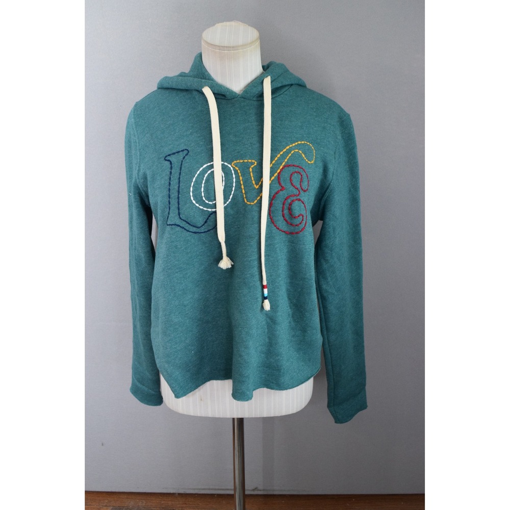 Sol Angeles Anthropologie Hoodie Small Teal Love Embroidered Pullover Raw Hem